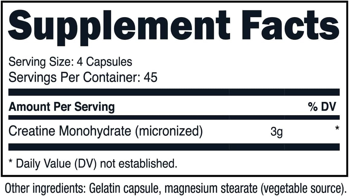Creatine Monohydrate 3,000Mg, 180 Capsules (750Mg per Capsule) - Gluten Free, Non-Gmo