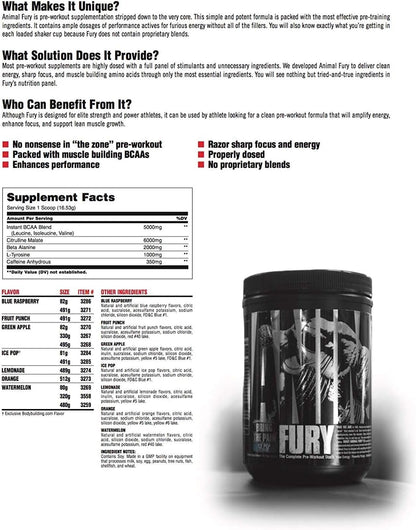 Fury - Pre Workout Powder Supplement for Energy and Focus - 5G BCAA, 350Mg Caffeine, Nitric Oxide, without Creatine - Powerful Stimulant for Bodybuilders - Ice Pop - 30 Servings