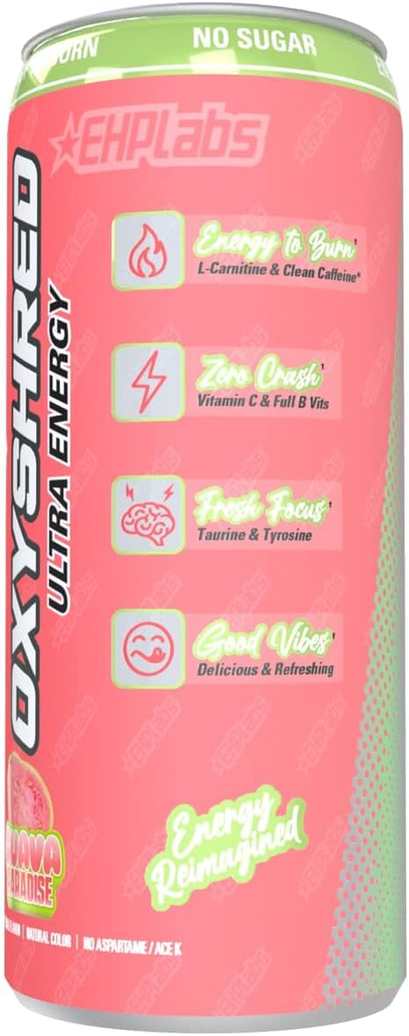 Ehplabs Oxyshred Ultra Energy Drink - Performance Carbonated Healthy Energy Drink with B Vitamins & Amino Acids, Zero Sugar, Zero Carbs & Zero Calories, Natural Clean Caffeine, Guava Paradise (12-Pack)