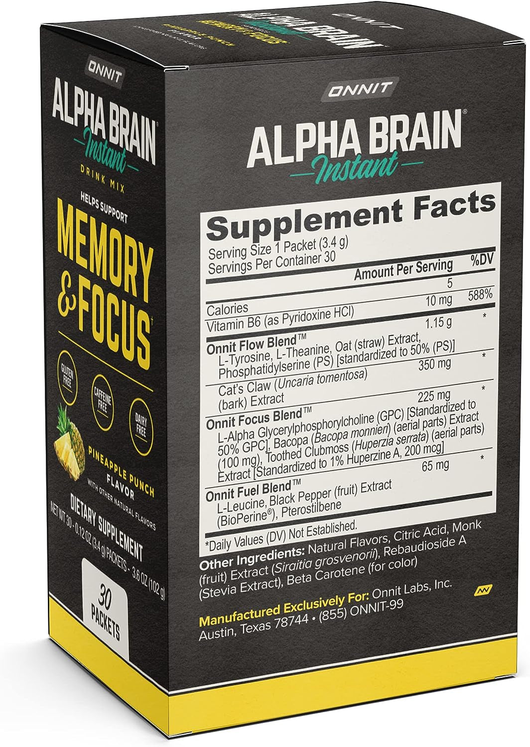 Alpha Brain Instant - Pineapple Punch Flavor - Nootropic Brain Booster Memory Supplement - Brain Support for Focus, Energy & Clarity - Alpha GPC Choline, Cats Claw, L-Theanine, Bacopa - 30Ct