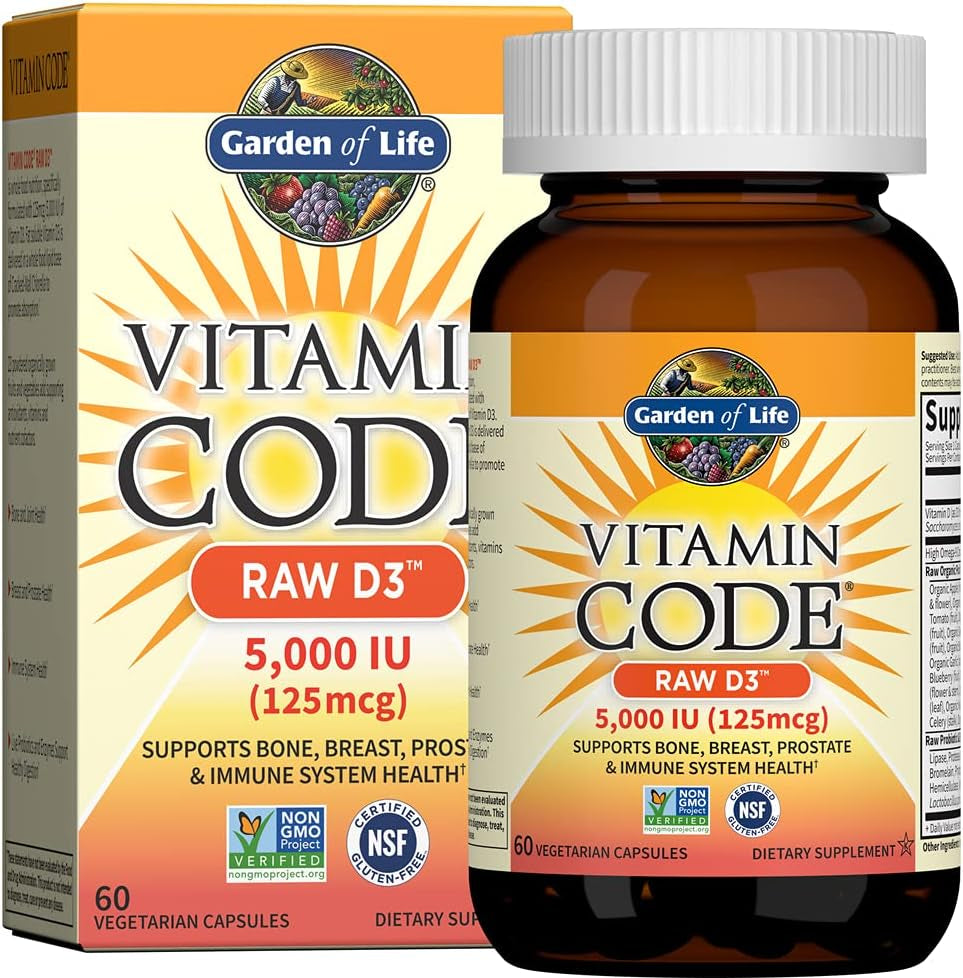 Vitamin D, Vitamin Code Raw D3, Vitamin D 5,000 IU, Raw Whole Food Vitamin D Supplements with Chlorella, Fruit, Veggies & Probiotics for Bone & Immune Health. 60 Vegetarian Capsules