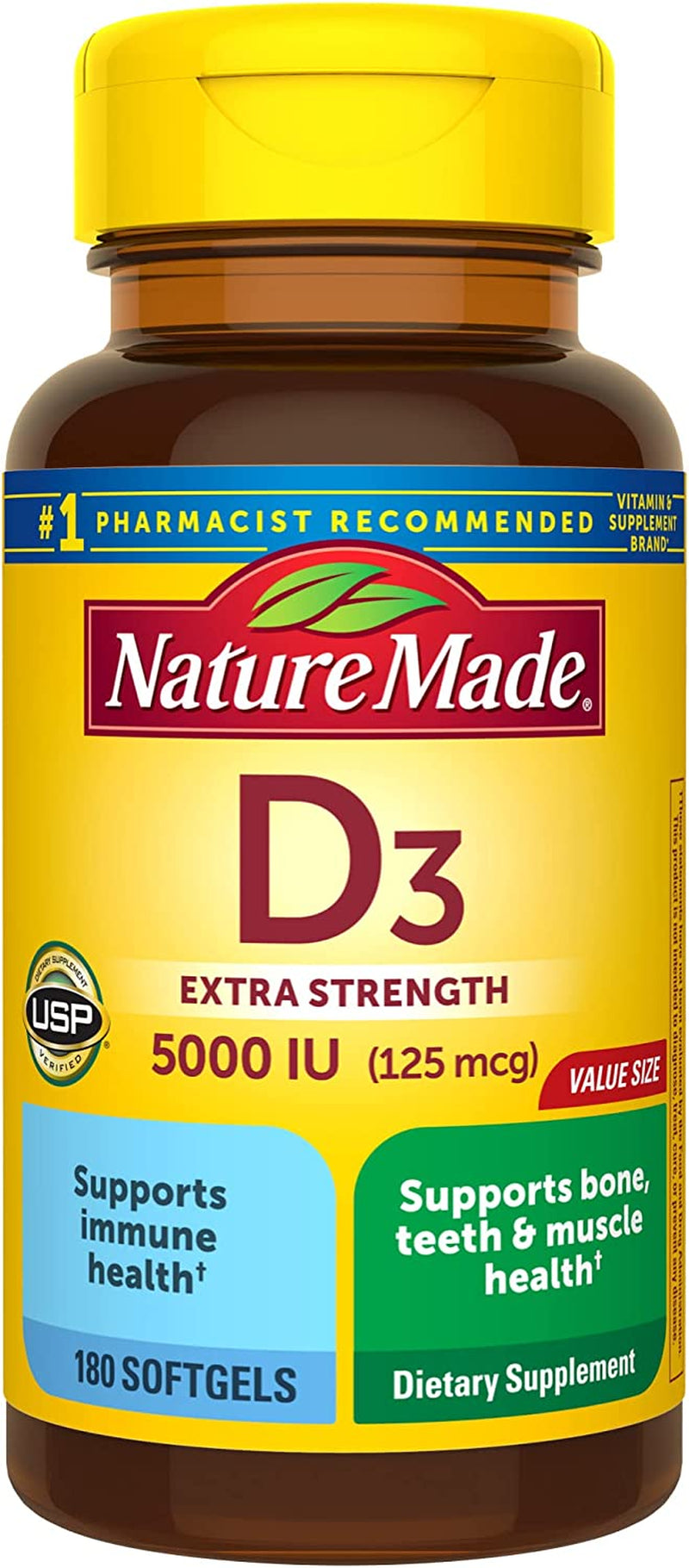 Extra Strength Vitamin D3 5000 IU (125 Mcg), Dietary Supplement for Bone, Teeth, Muscle and Immune Health Support, 180 Softgels, 180 Day Supply
