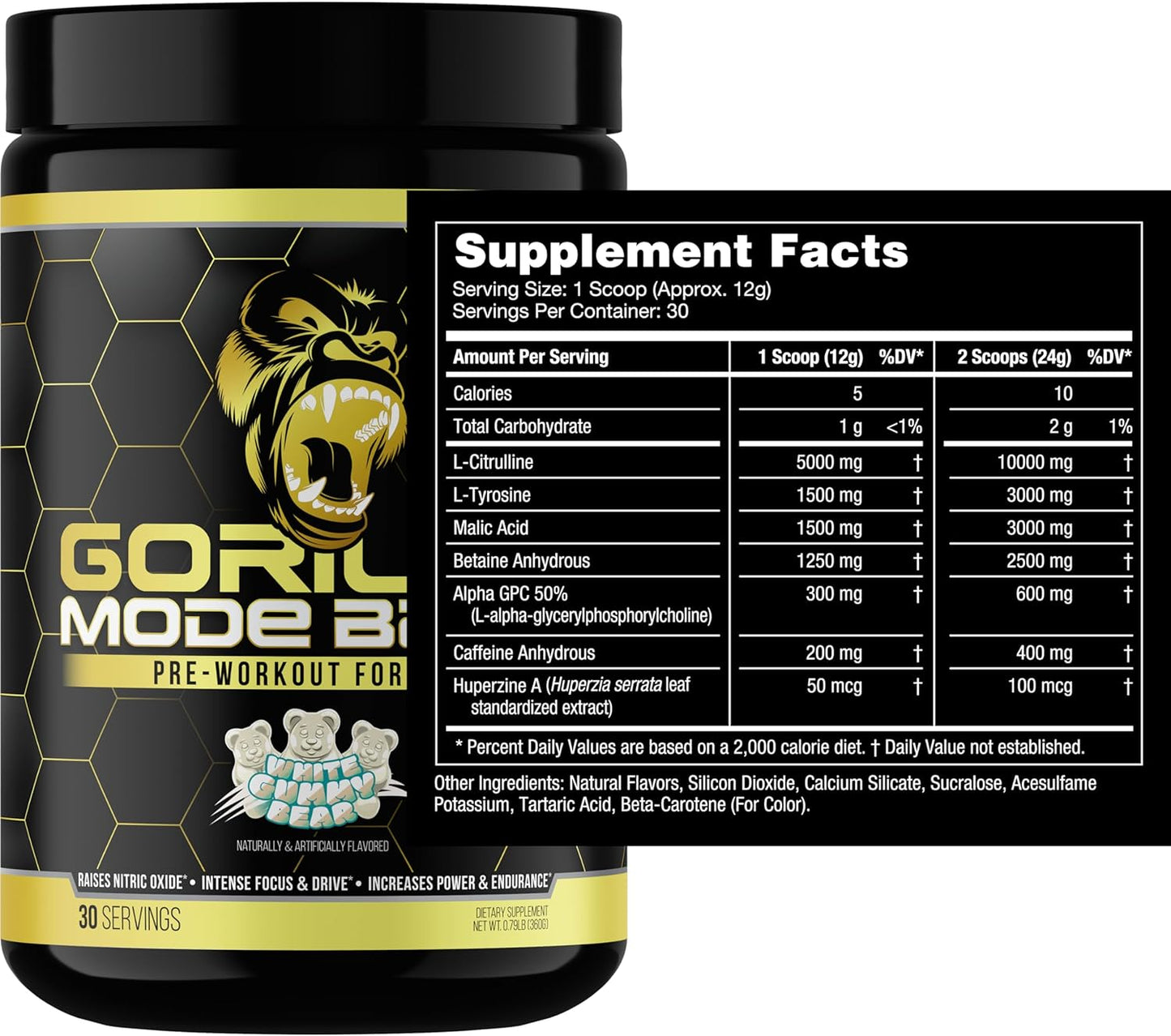Gorilla Mode Base Pre Workout - Raises Nitric Oxide · Intense Focus & Drive · Endurance · Power - L-Citrulline, L-Tyrosine, Betaine, Alpha-Gpc, Caffeine, Huperzine a - 360 Grams (Gummy Bear)