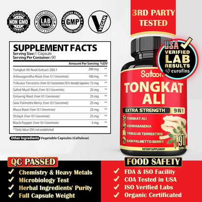Natural Tongkat Ali Root Extract 200:1-9In1 Equivalent to 3450Mg - 1 Pack 90 Vegan Caps 3 Month Supply