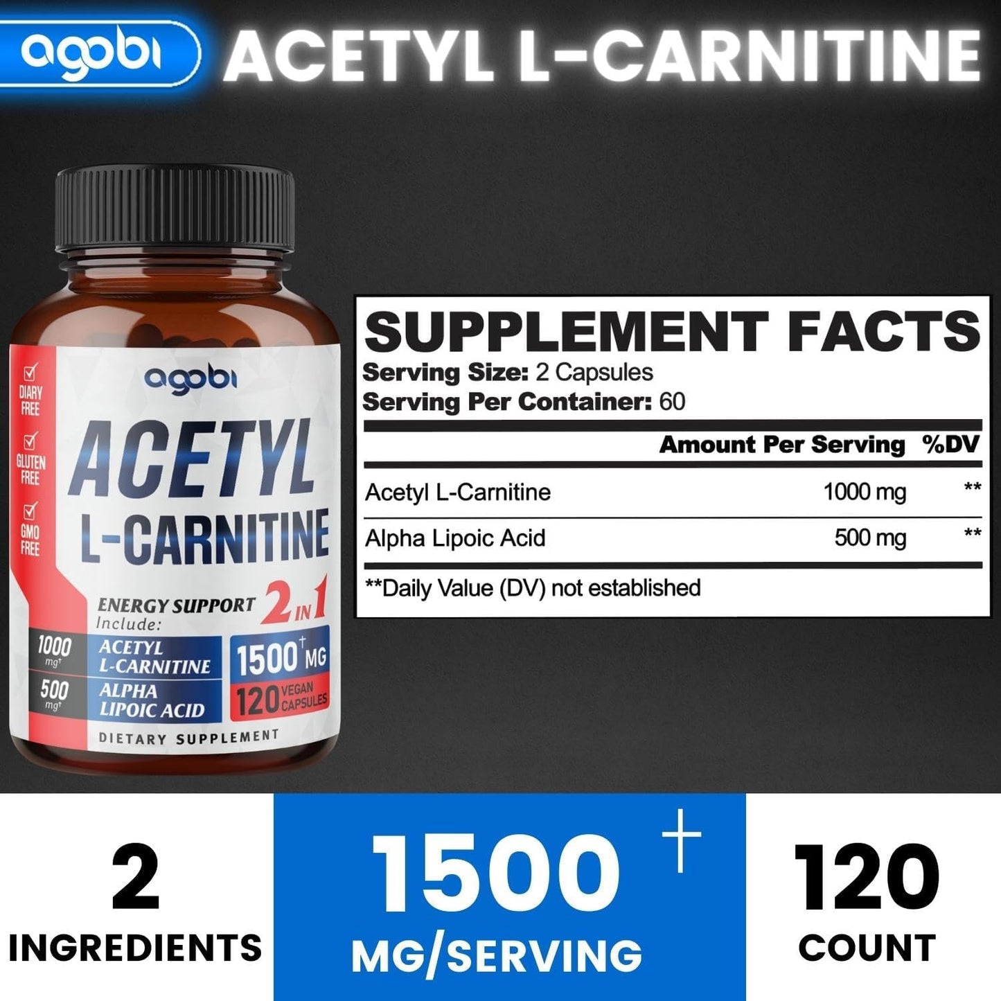 Acetyl L-Carnitine & Alpha Lipoic Acid Complex 1500Mg - Supplement for Brain Health, Memory, Focus & Mood Support - 120 Vegan Capsules for 2 Month Supply - Gluten-Free, Non-Gmo