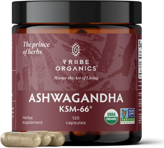 KSM-66 Organic Ashwagandha Capsules, Pure Root Powder Extract - 120 Vegetarian Vcaps - Highest Potency 5% Withanolides - Stress & Anxiety Relief, Cortisol Manager, Adrenal Support, Thyroid Support