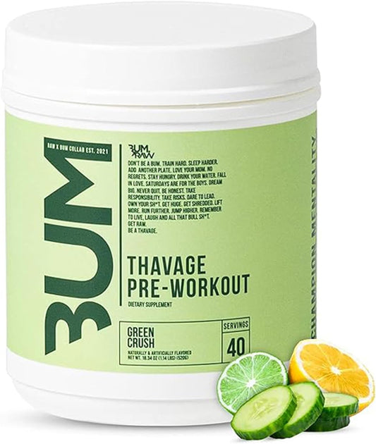 Preworkout Powder, Thavage (Green Crush) - Chris Bumstead Sports Nutrition Supplement for Men & Women - Cbum Pre Workout for Working Out, Hydration, Mental Focus & Energy - 40 Servings