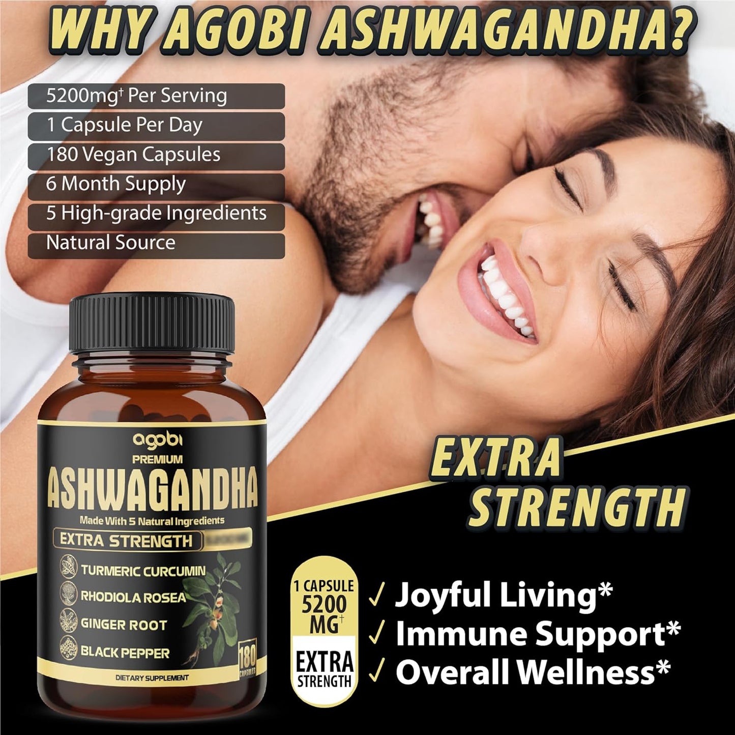 5In1 Premium Ashwagandha Capsules - High Extracted Equivalents to 5200Mg Powder - Added Turmeric, Rhodiola Rosea, Ginger, Black Pepper - Strength, Spirit & Immune Support - 180 Caps for 6 Months