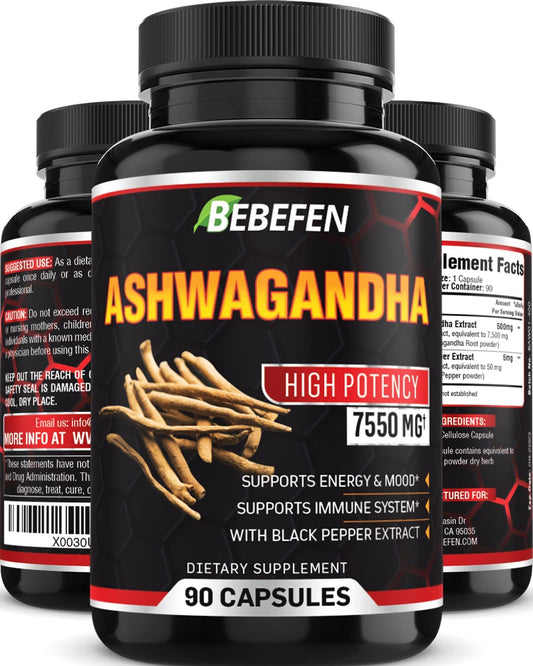 Ashwagandha Capsules - 7550Mg Formula Pills with Black Pepper Extract - 90 Capsules Ashwagandha Supplement for Energy Support - 3 Month Supply