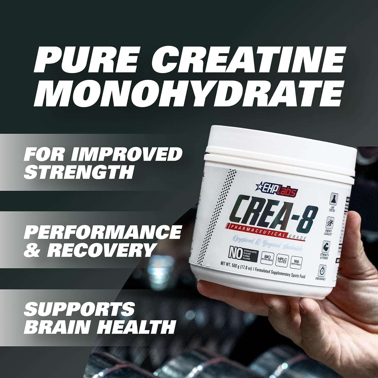 Ehplabs CREA-8 Creatine Monohydrate Powder - Creatine Powder for Building Lean Muscle Mass, Improves Strength & Power, Supports Brain Health - 100 Servings (500G)