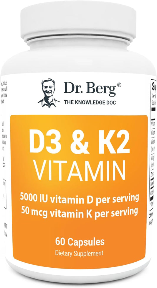 Dr. Berg'S Vitamin D3 K2 W/Mct Oil - Includes 5,000 IU of Vitamin D3, 50 Mcg MK7 Vitamin K2, Purified Bile Salts, Zinc & Magnesium for Ultimate Absorption - K2 D3 Vitamin Supplement - 60 Capsules