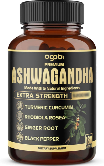 5In1 Premium Ashwagandha Capsules - High Extracted Equivalents to 5200Mg Powder - Added Turmeric, Rhodiola Rosea, Ginger, Black Pepper - Strength, Spirit & Immune Support - 180 Caps for 6 Months