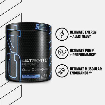 C4 Ultimate Pre Workout Powder ICY Blue Razz - Sugar Free Preworkout Energy Supplement for Men & Women - 300Mg Caffeine + 3.2G Beta Alanine + 2 Patented Creatines - 20 Servings