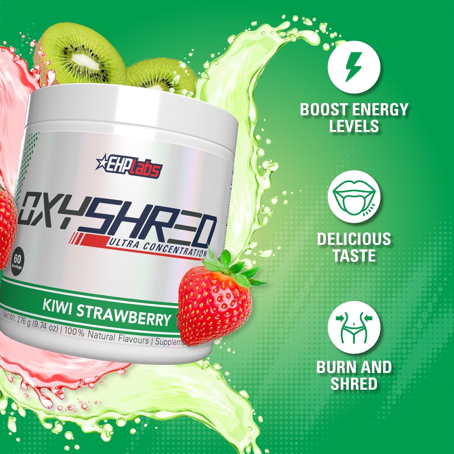 Ehplabs Oxyshred Ultra Concentration Shredding Supplement - Clinically Proven Pre Workout Powder with L Glutamine & Acetyl L Carnitine, Energy Boost Drink - Kiwi Strawberry, 60 Servings