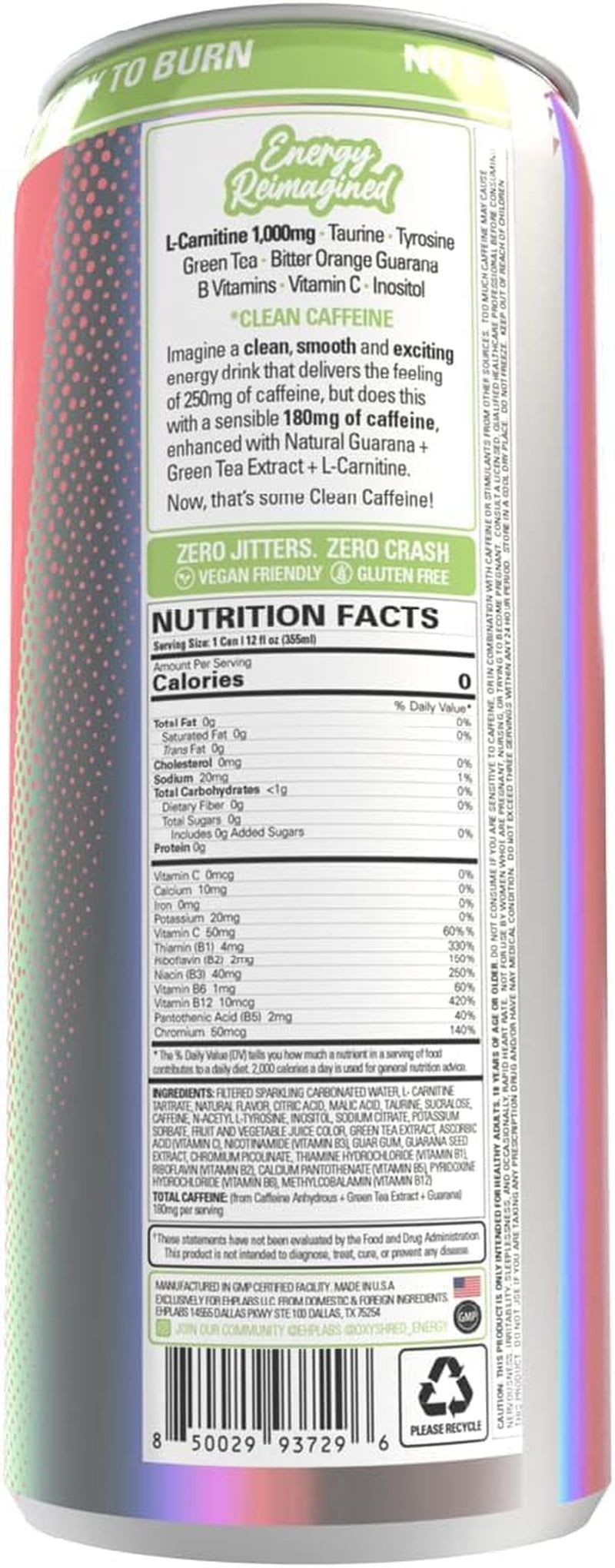 Ehplabs Oxyshred Ultra Energy Drink - Performance Carbonated Healthy Energy Drink with B Vitamins & Amino Acids, Zero Sugar, Zero Carbs & Zero Calories, Natural Clean Caffeine, Guava Paradise (12-Pack)