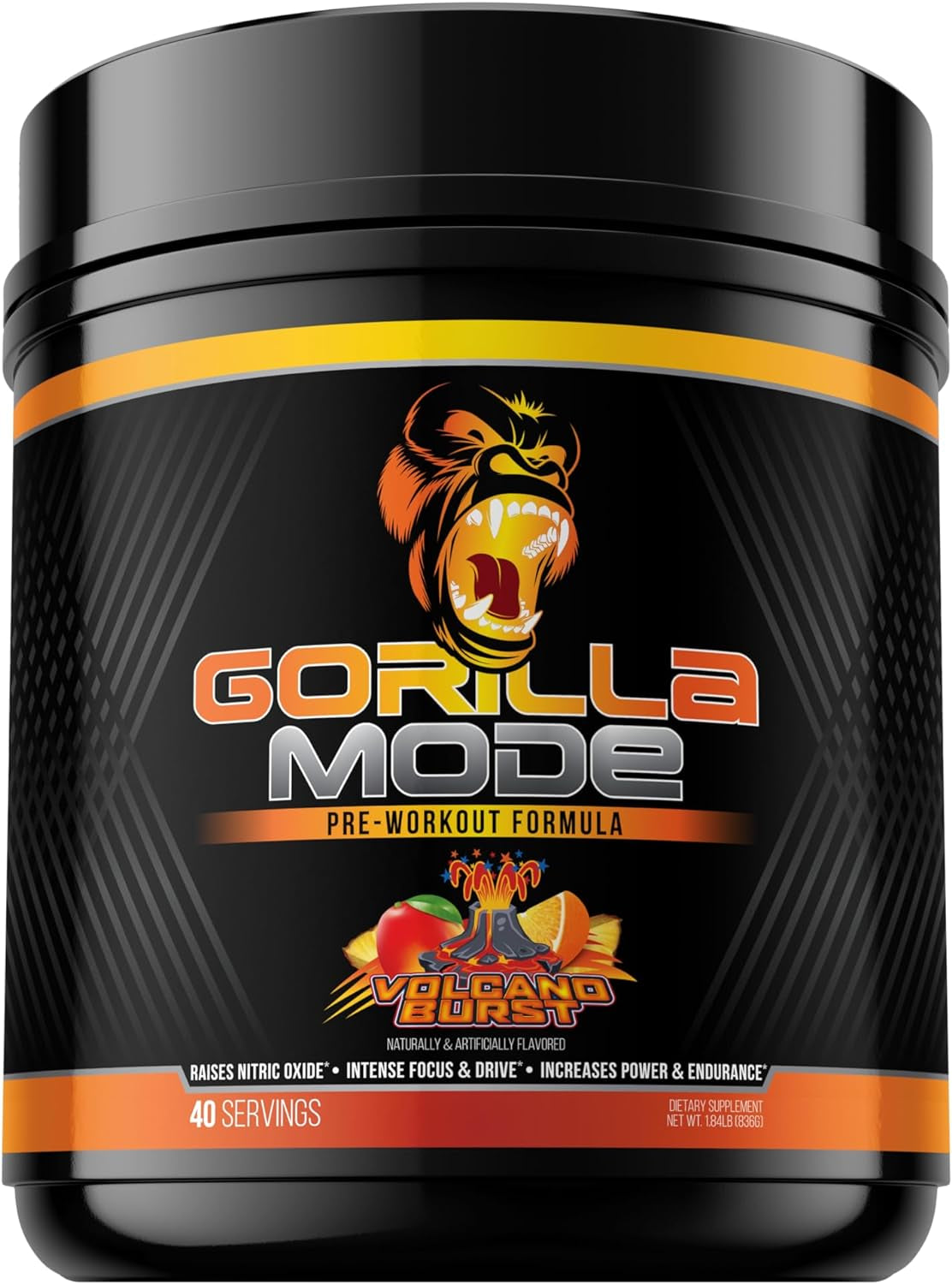 Gorilla Mode Pre Workout - Massive Pumps · Laser Focus · Energy · Power - L-Citrulline, Creatine, Glycerpump™, L-Tyrosine, Agmatine, Kanna, N-Phenethyl Dimethylamine Citrate - 574 Grams(Volcano Burst)