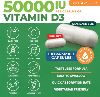 Vitamin D3 50000 IU - Bone Health and Immune Support - Small Easy to Swallow Capsules - Non-Gmo Gluten Free VIT D - VIT D3 Vitamin D Supplements for Women and Men, 120 Count