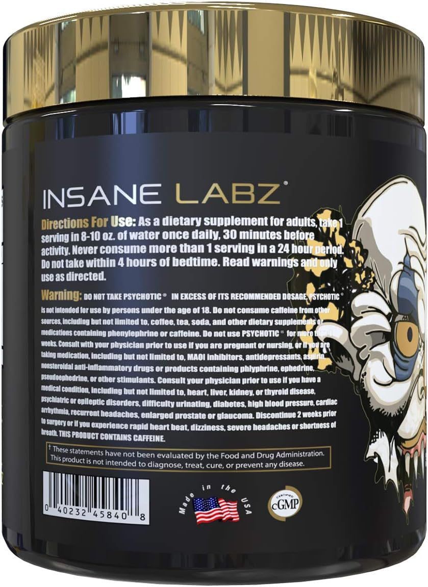 Psychotic Gold, High Stimulant Pre Workout Powder, Extreme Lasting Energy, Focus, Pumps and Endurance with Beta Alanine, DMAE Bitartrate, Citrulline, NO Booster, 35 Srvgs, Blue Punch