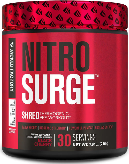 NITROSURGE Shred Pre Workout Supplement - Energy Booster, Instant Strength Gains, Sharp Focus, Powerful Pumps - Nitric Oxide Booster & Preworkout Powder - 30Sv, Black Cherry