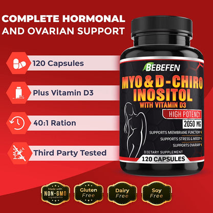 Myo-Inositol & D-Chiro Inositol Blend Capsule | Most Beneficial 40:1 Ratio | Hormone Balance & Healthy Ovarian Support for Women | Vitamin D3 | 120 Inositol Supplement Caps