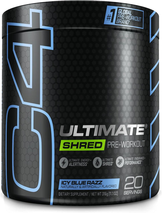 C4 Ultimate Shred Pre Workout Powder for Men & Women, Metabolism Supplement with Ginger Root Extract, ICY Blue Razz, 20 Servings (Pack of 1)