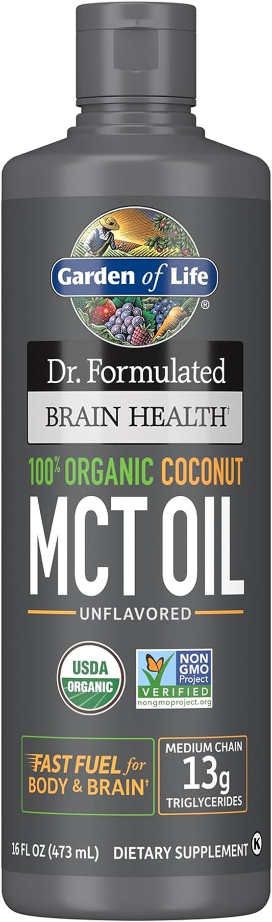 Dr. Formulated Brain Health 100% Organic Coconut MCT Oil 16 Fl Oz Unflavored, 13G Mcts, Keto & Paleo Diet Friendly Body & Brain Fuel, Certified Non-Gmo Vegan & Gluten Free, Hexane-Free