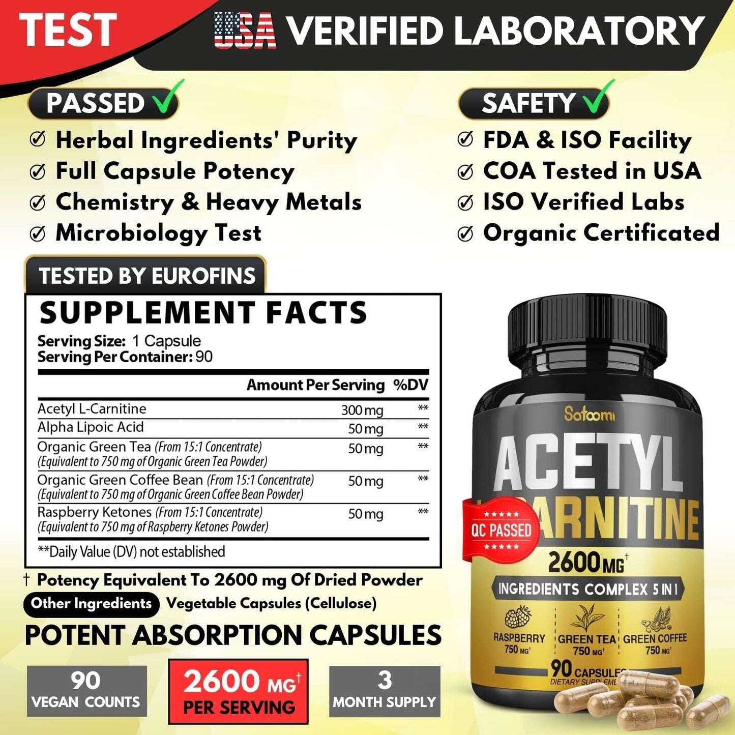 5In1 Acetyl L-Carnitine Complex Capsules - 2600Mg Daily - Combined Alpha Lipoic Acid, Green Tea, Green Coffee Bean & Raspberry Ketones - 90 Counts for 3 Months