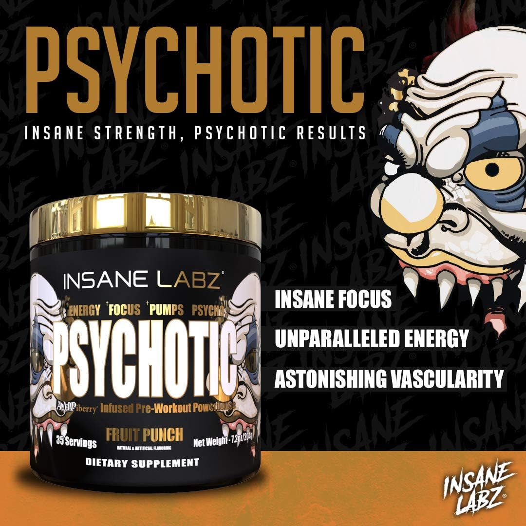 Psychotic Gold, High Stimulant Pre Workout Powder, Extreme Lasting Energy, Focus, Pumps and Endurance with Beta Alanine, DMAE Bitartrate, Citrulline, NO Booster, 35 Srvgs, Blue Punch