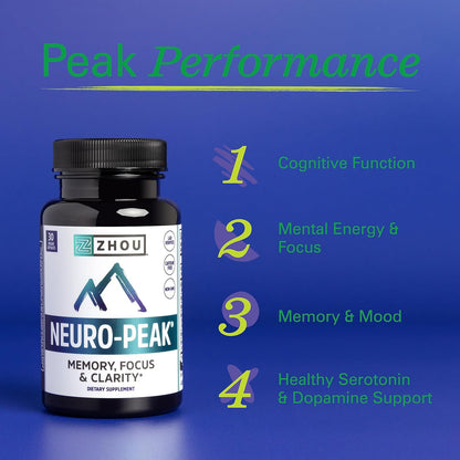 Neuro Peak Brain Support Supplement - Memory, Focus & Clarity Formula - Nootropic Scientifically Formulated for Optimal Performance - Dmae, Rhodiola Rosea, Bacopa Monnieri, Ginkgo Biloba & More