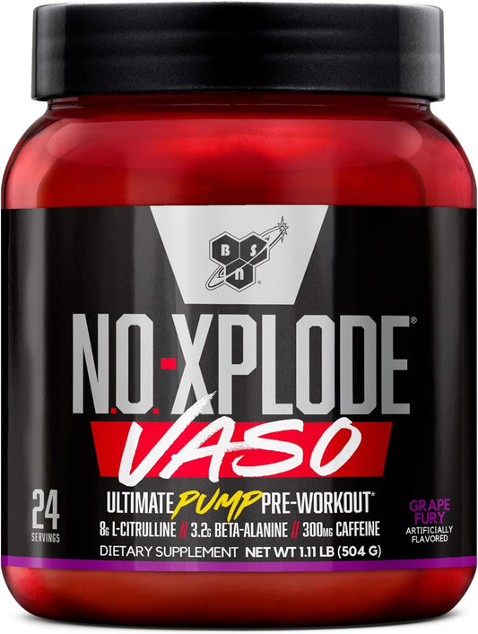 N.O.-XPLODE Vaso Pre Workout Powder with 8G of L-Citulline and 3.2G Beta-Alanine and Energy, Flavor: Grape Fury, 24 Servings