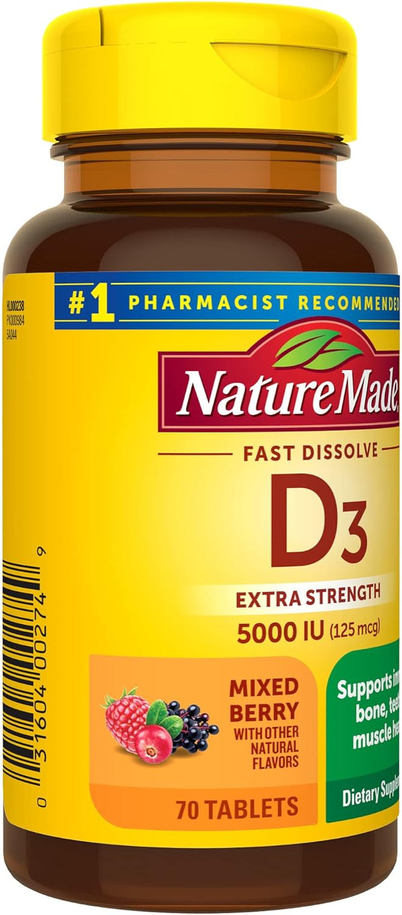 Extra Strength Vitamin D3 5000 IU (125 Mcg), Vitamin D Supplement for Bone, Teeth, Muscle, Immune Health Support, 70 Sugar Free Fast Dissolve Tablets, 70 Day Supply