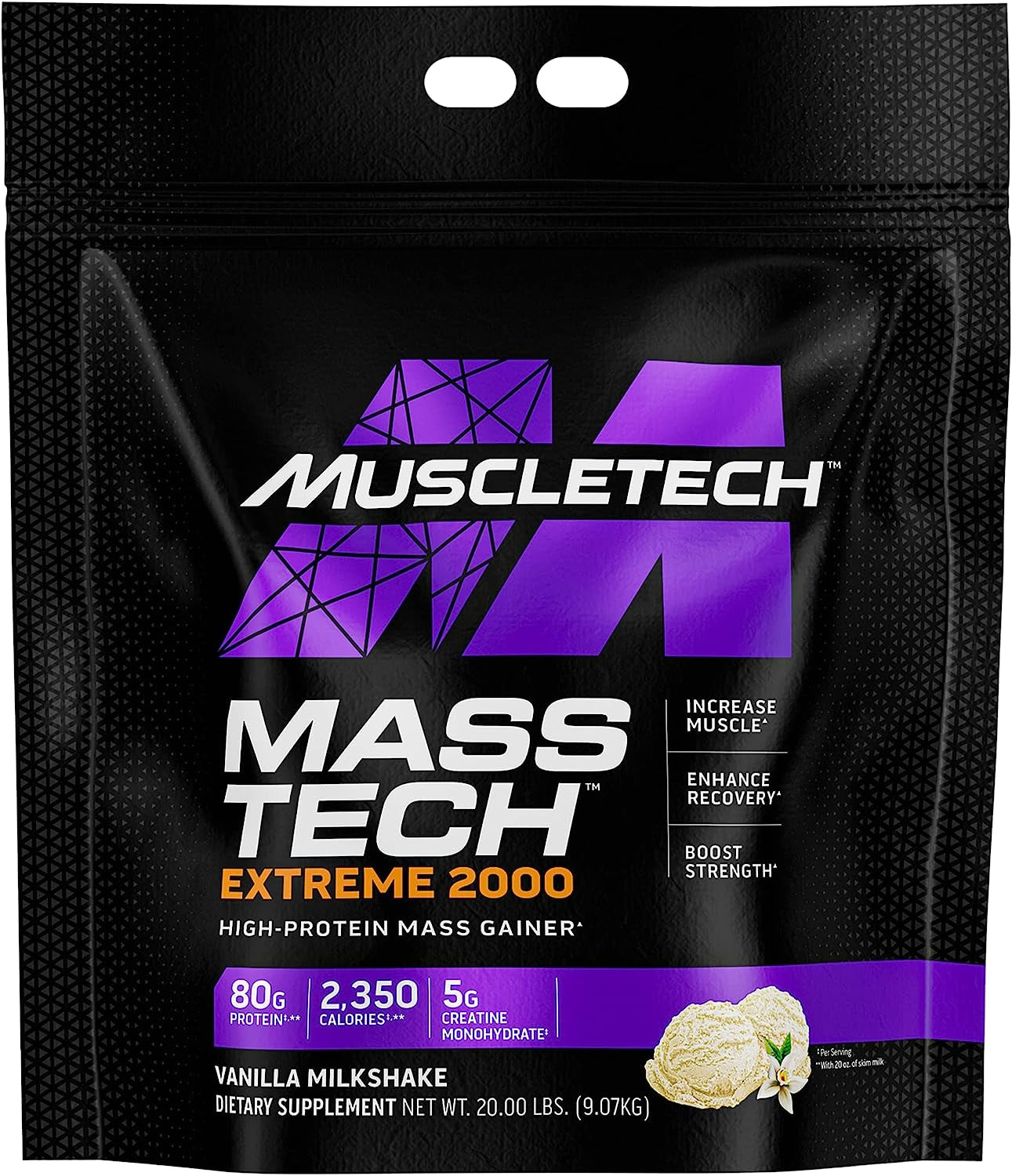 Mass Gainer Protein Powder, Mass-Tech Extreme 2000, Muscle Builder Whey Protein Powder, Protein + Creatine + Carbs, Max-Protein Weight Gainer for Women & Men, Vanilla, 20 Lbs