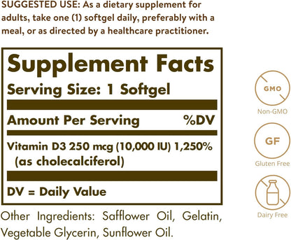 Vitamin D3 (Cholecalciferol) 250 MCG (10,000 IU), 120 Softgels - Helps Maintain Healthy Bones & Teeth - Immune System Support - Non GMO, Gluten/ Dairy Free - 120 Servings
