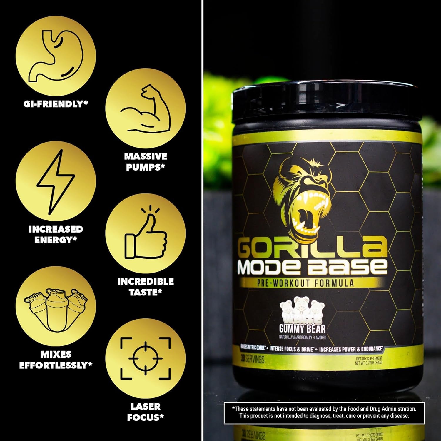 Gorilla Mode Base Pre Workout - Raises Nitric Oxide · Intense Focus & Drive · Endurance · Power - L-Citrulline, L-Tyrosine, Betaine, Alpha-Gpc, Caffeine, Huperzine a - 360 Grams (Gummy Bear)