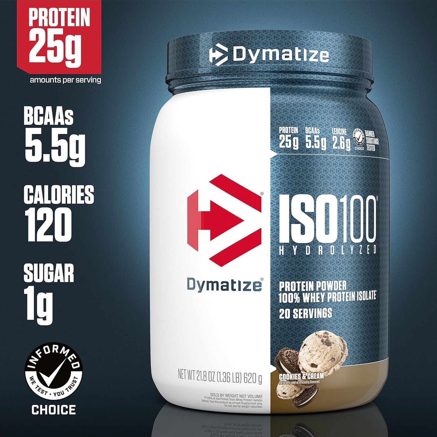 Iso-100 Hydrolyzed Whey Protein Isolate 20 Serves Cookies & Cream 640 Gram