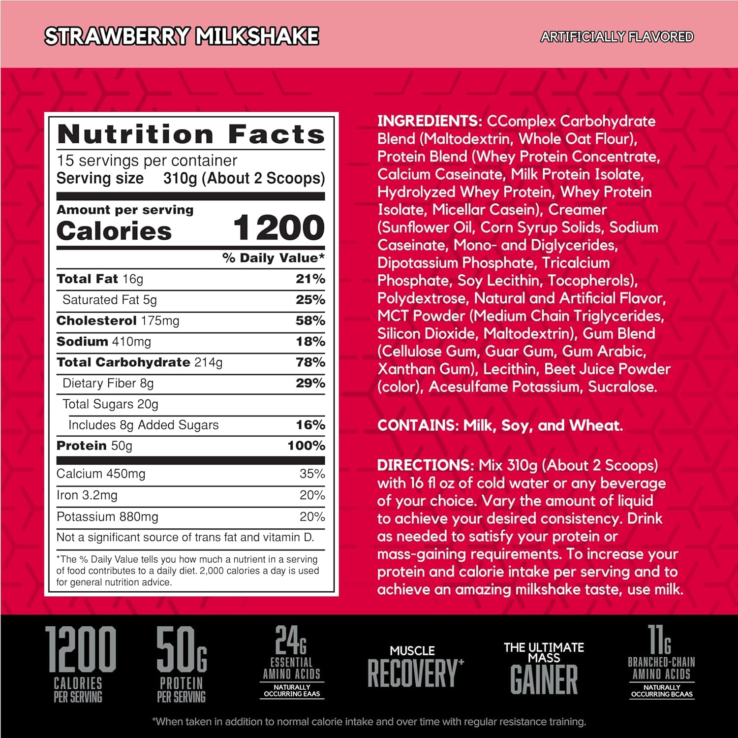 TRUE-MASS Weight Gainer, Muscle Mass Gainer Protein Powder, Strawberry Milkshake, 10.25 Pound