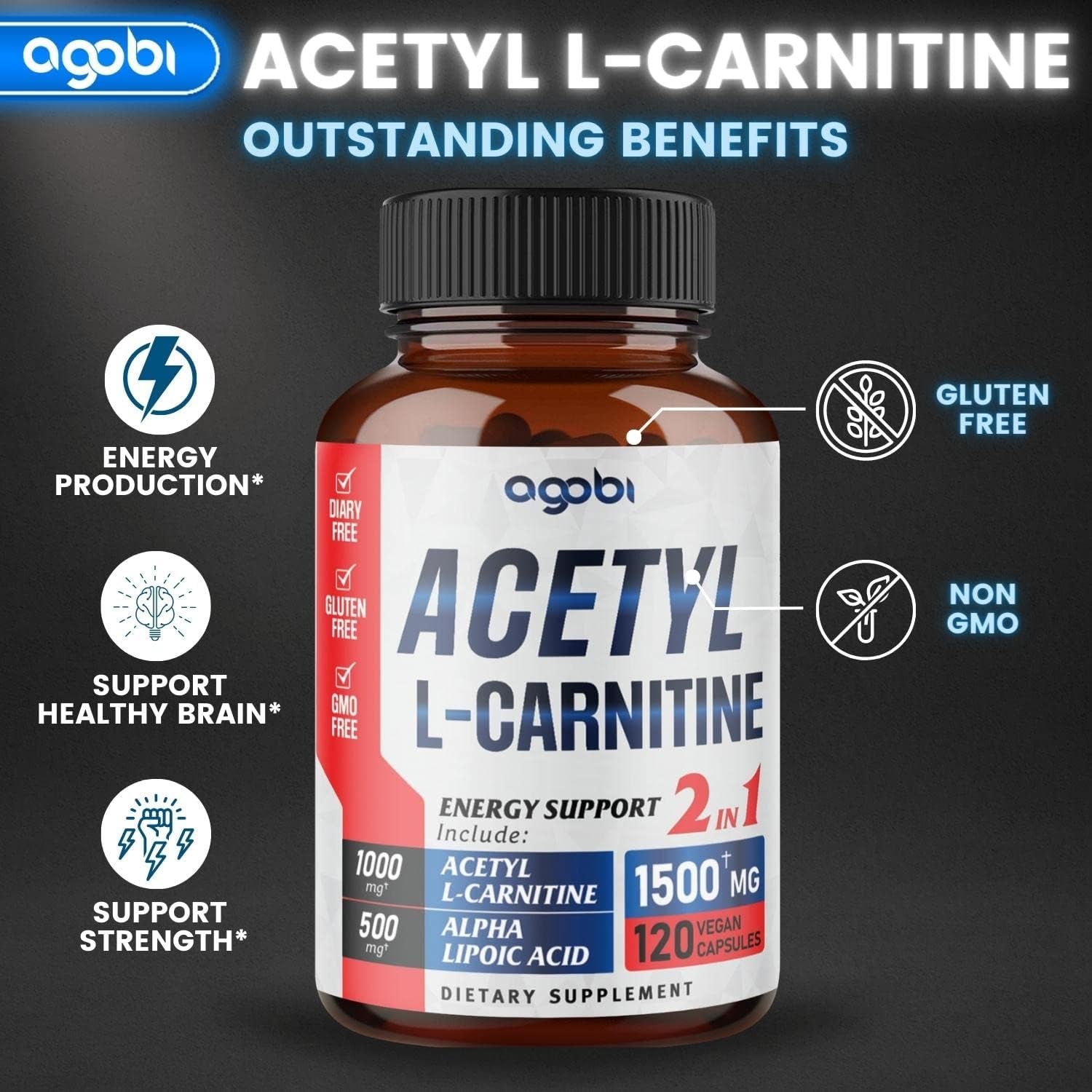 Acetyl L-Carnitine & Alpha Lipoic Acid Complex 1500Mg - Supplement for Brain Health, Memory, Focus & Mood Support - 120 Vegan Capsules for 2 Month Supply - Gluten-Free, Non-Gmo
