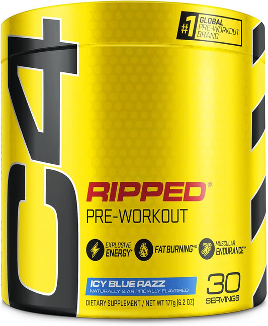 C4 Ripped Pre Workout Powder ICY Blue Razz | Creatine Free + Sugar Free Preworkout Energy Supplement for Men & Women | 150Mg Caffeine + Beta Alanine | 30 Servings