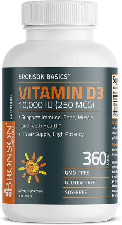 Vitamin D3 10,000 IU (250 MCG) 1 Year Supply for Healthy Muscle Function and Immune Support, Non-Gmo, 360 Tablets