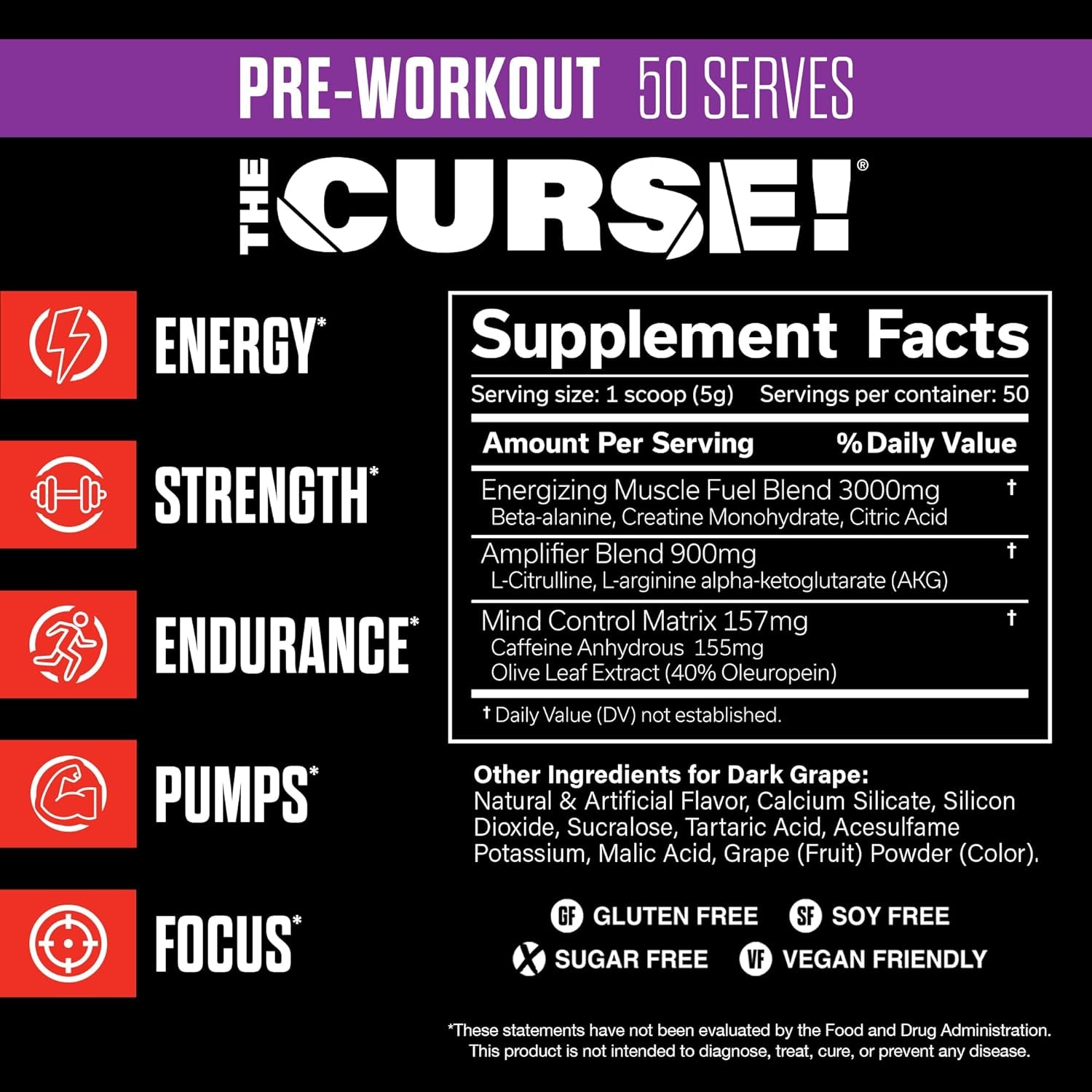 the Curse! Pre Workout Powder - Dark Grape 50 Servings | Preworkout: Boost Strength, Energy + Focus for Men & Women | Caffeine, Beta-Alanine, Creatine & L-Citrulline