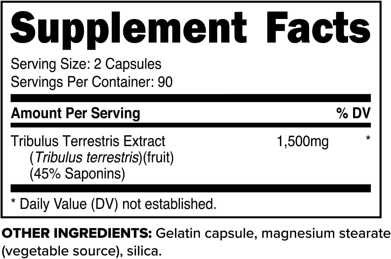 Tribulus Terrestris Extract Capsules (180 Capsules) - 90 Servings / 1,500Mg Tribulus per Serving, Herbal Tribulus Supplement for Men and Women