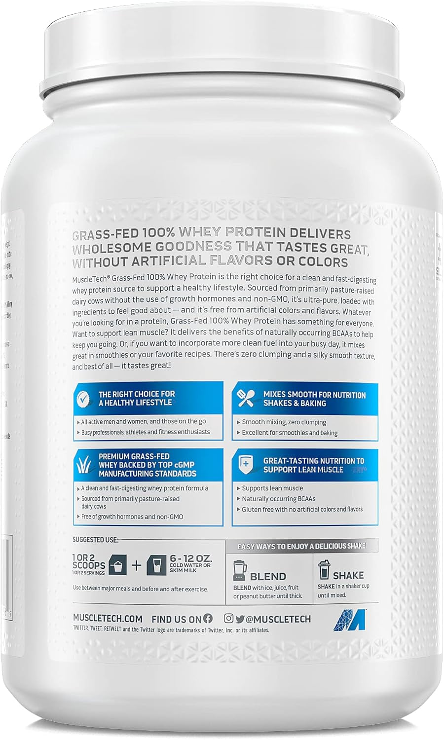 Grass Fed Whey Protein, Grass Fed Whey Protein Powder, Protein Powder for Women & Men, Growth Hormone Free, Non-Gmo, Gluten Free, 20G Protein and 4.3G BCAA, Chocolate, 816 G (23 Servings)