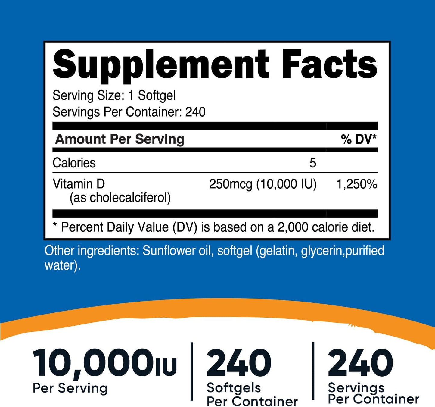 Vitamin D3 10,000 IU, 240 Softgel Capsules - Potent, Non-Gmo, Gluten Free Vitamin D