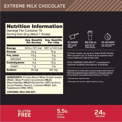 Gold Standard 100% Whey Protein Powder, Extreme Milk Chocolate, 2.27Kg
